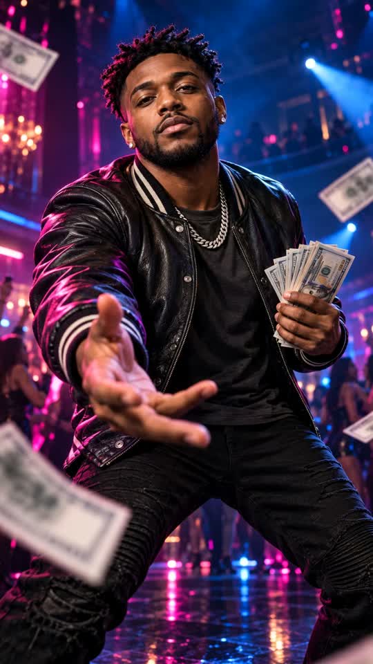Male solo performer in a neon club, prepared first frame for the Spend Dat-inspired AI video